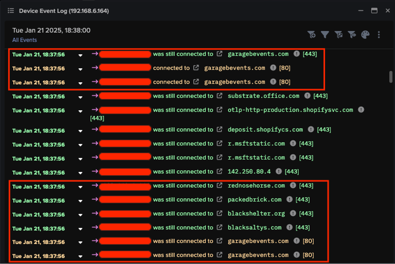 Device Event Log showing connections to the compromised website, following by connections to the identified Keitaro TDS instances.